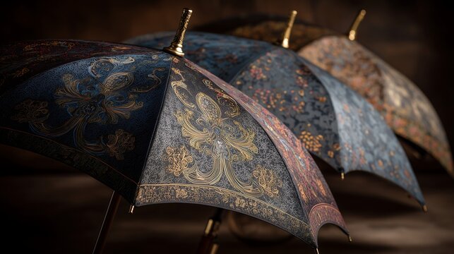 Luxury designer umbrellas with elegant patterns on dark moody background, premium fashion aesthetic, and sophisticated product display.
