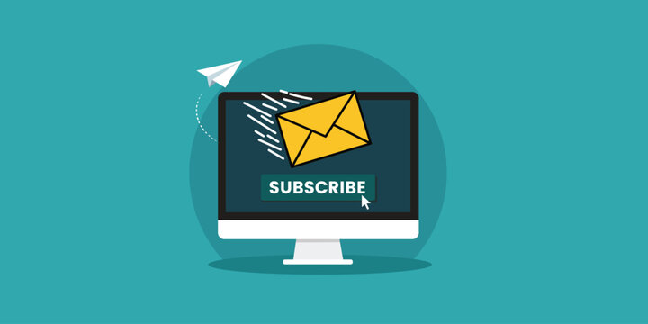 Computer monitor displaying email envelope flying out with subscribe button for newsletter sign up website interface.