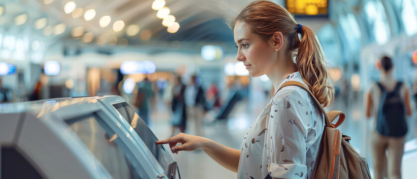 Young woman using self service touchscreen kiosk in modern airport terminal. Concept of digital travel, contactless technology and efficient passenger check in.