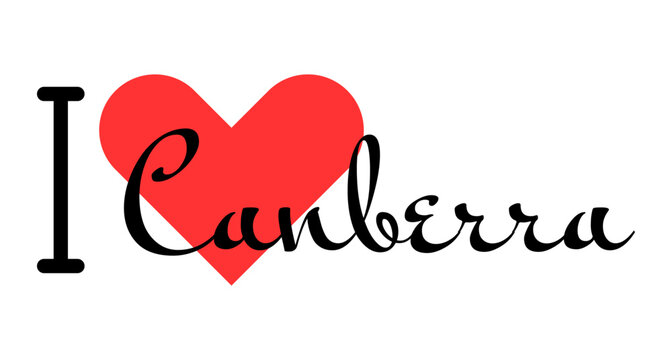 I love Canberra, city of Australia. Hand drawn letters with red heart. Vector illustration lettering, modern design