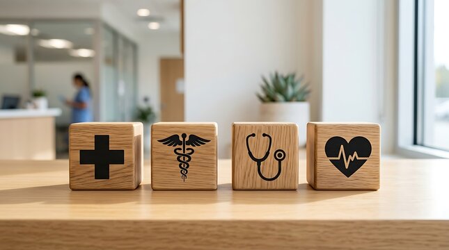 Four wooden blocks with medical symbols representing health and wellness displayed on a desk