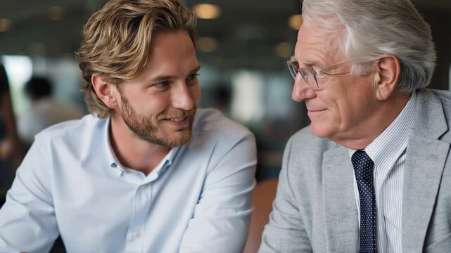 Mentor and mentee meet in a modern office to discuss career goals and share ideas during an afternoon business meeting