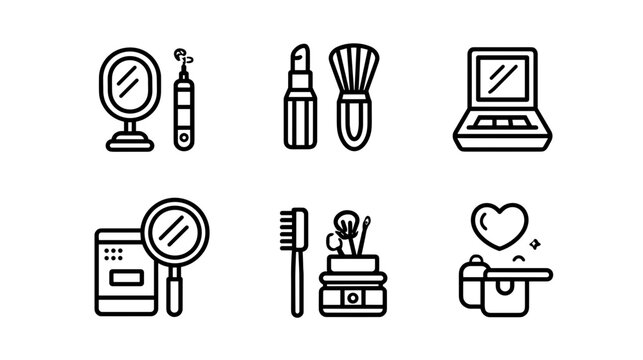 Collection of Beauty Tools and Cosmetics Including Lipstick, Brushes, and Mirror Icons in Black and