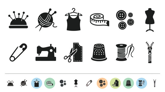 Set of black sewing icons featuring needles yarn scissors tape measure buttons and dressmaker mannequin figures