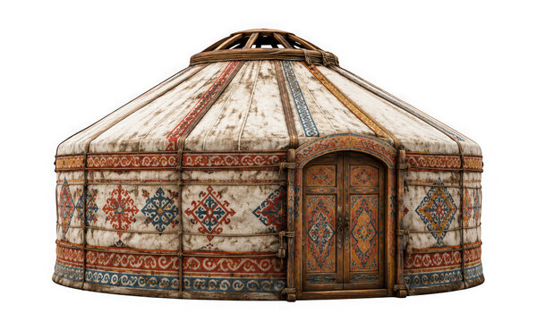 Ornate traditional nomadic yurt with a wooden door isolated on transparent background