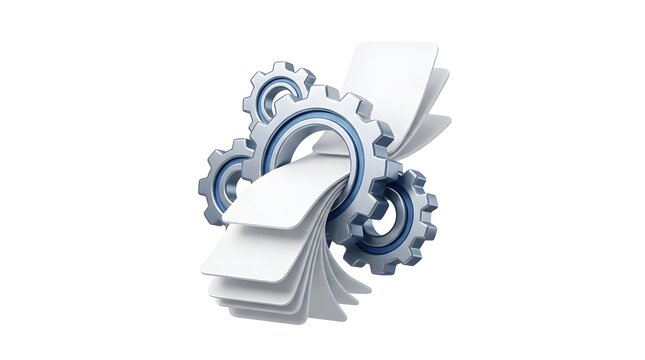 Gears turn with a stack of papers in an industrial setting.
