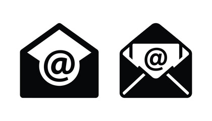 Obraz premium Two black envelopes with email symbols inside, open and closed mail icon designs for communication and digital correspondence.