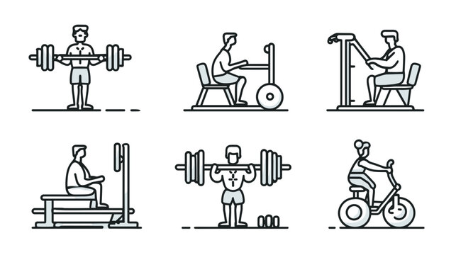 Collection of Fitness Activities Including Weightlifting and Cycling in a Modern Gym Environment