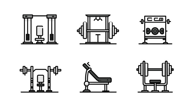 Collection of Gym Equipment Including Weights Machines and Benches for Fitness Training