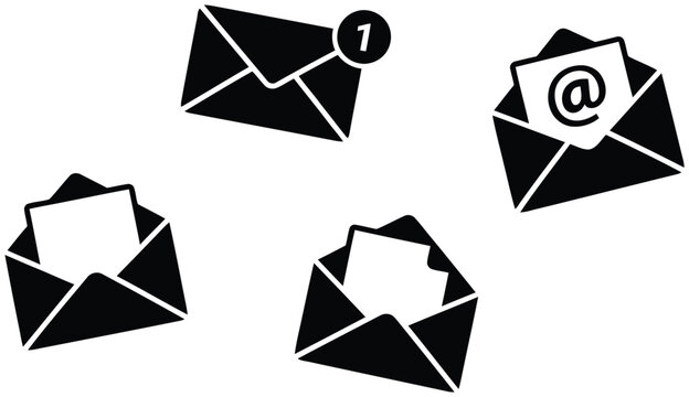 Black and white email icons on a grey background, open envelopes showing letters and notification badge.