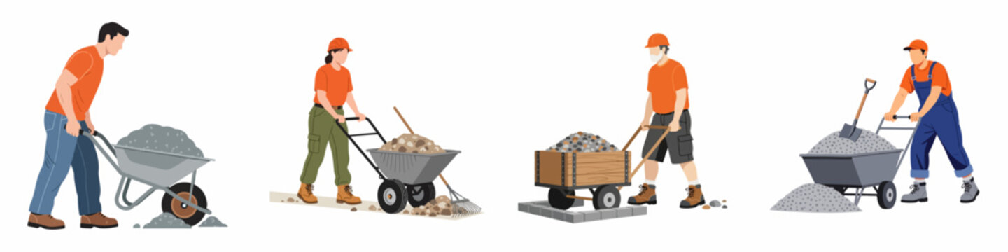 Set of construction workers and laborers using wheelbarrows to transport gravel, stones, and sand, flat vector illustrations isolated on white background.