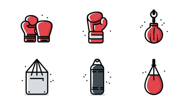 Collection of Line Art Boxing Equipment Including Gloves, Punching Bags and Training Tools