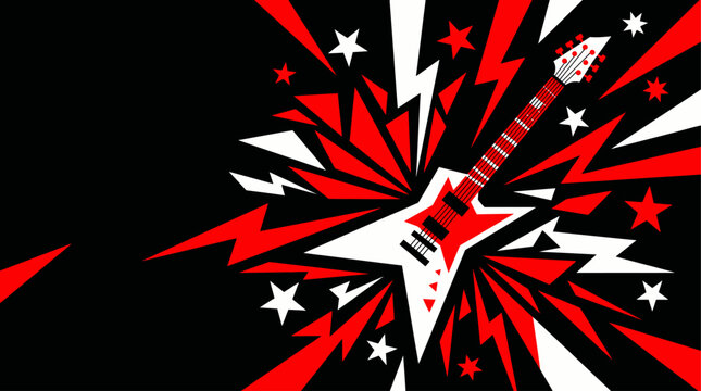 Rock Music Banner with Electric Guitar and Dynamic Red Lightning Rays