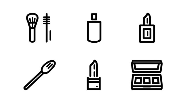 Collection of Makeup and Skincare Tools Including Brushes, Lipstick, and Eyeliner in Simple Design