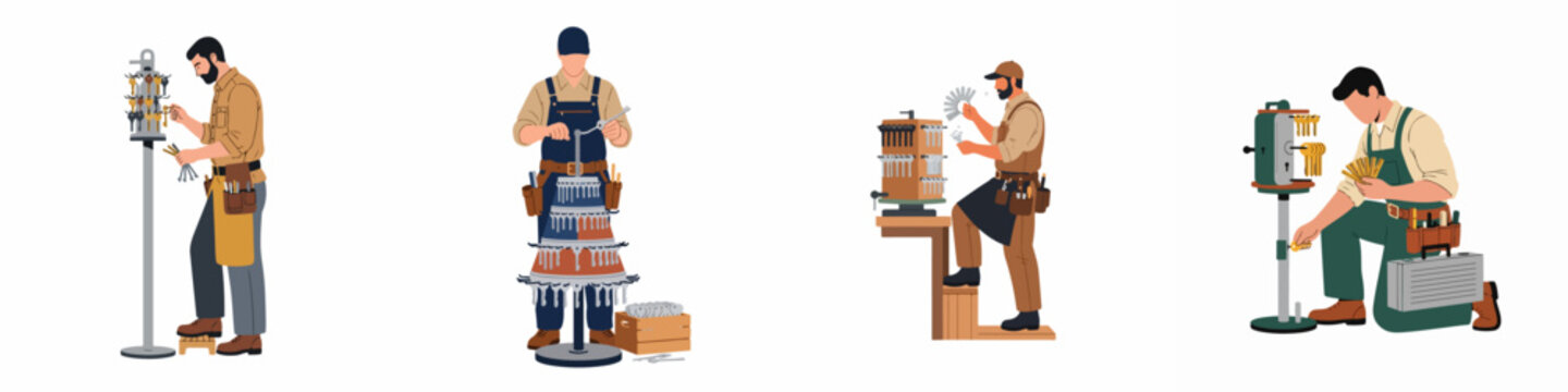 Flat vector illustrations set of professional locksmiths working with key cutting machines and various hand tools to create duplicate keys.