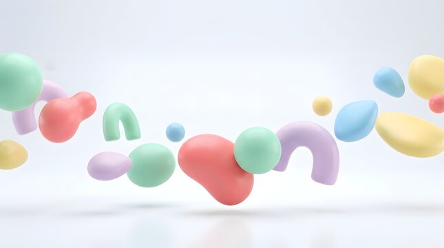 Colorful 3D shapes float in air forming a whimsical scene with hearts and letters.