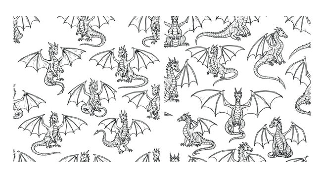 Seamless pattern with cute dragon sketches on white
