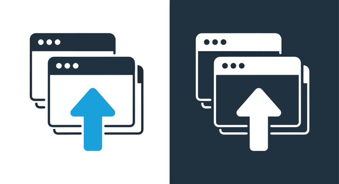 Web browser windows with upload arrow: Glyph and solid icon set - Icon vector - Editable line icons. Vector illustration