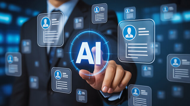 Businessman interacting with AI interface and employee profile icons.