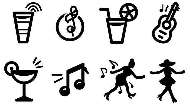 Collection of Musical And Celebration Icons Featuring Drinks, Instruments, And Dance Elements