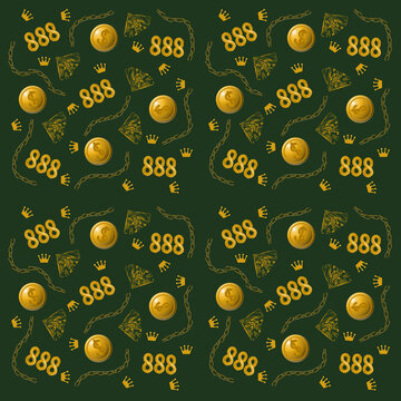 Seamless pattern of 888 angel number, gold coins, gold chains, diamond stamps, and gold crowns on a dollar green background.