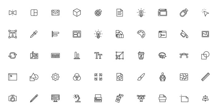 Graphic Design icon set. Minimalist icons pack. Vector illustration. Featuring mirror, layout, color wheel, typography, palette, brush, vector, camera, printer, drawing and more.
