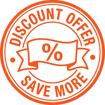 Discount offer circular stamp with percentage sign on ribbon, save more text, graphic design element.