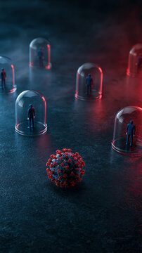 Social Distancing Against Pandemic: Tiny figures representing humanity are enclosed in protective domes, illustrating the concept of social distancing during a global pandemic.