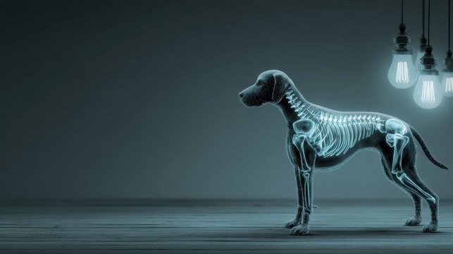 A dog's skeleton illuminated under soft lights, representing scientific exploration and anatomy