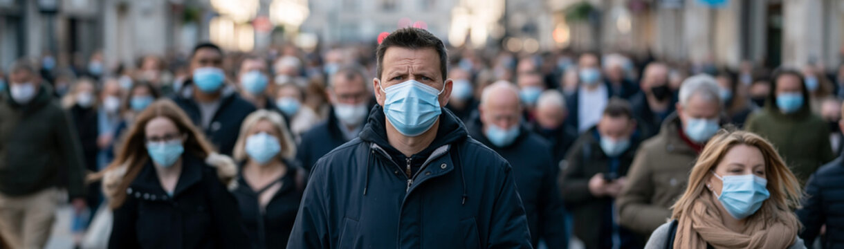 Crowd in Face Mask: A diverse crowd of people wearing face masks walks through a public space, conveying a sense of caution and collective responsibility in the current global health landscape.