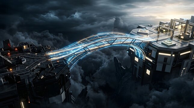 A futuristic cityscape at dusk with a glowing blue bridge amidst dark clouds and industrial buildings.