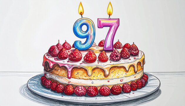 Pencil sketch of a birthday cake with number 97 candle. Festive image for birthday or anniversary party
