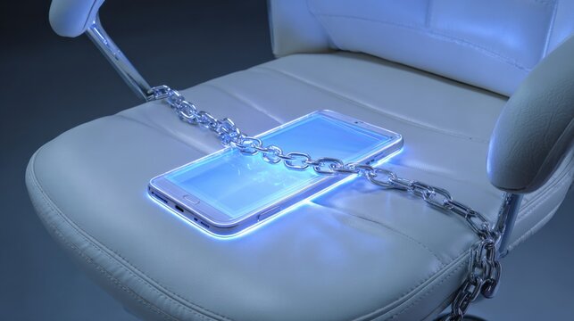 A smartphone chained to a chair, symbolizing digital addiction and the struggle for control in a hyper-connected world
