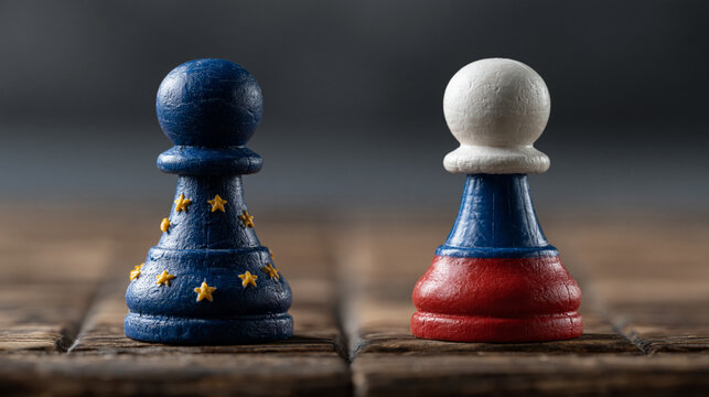European Union and Russian Flag Pawns Facing Off: Two chess pawns, one adorned with the European Union flag and the other with the Russian flag, stand in opposition on a wooden surface.