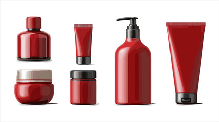 Obraz premium Collection of Various Red Cosmetic and Skincare Packaging Bottles and Jars on White Background