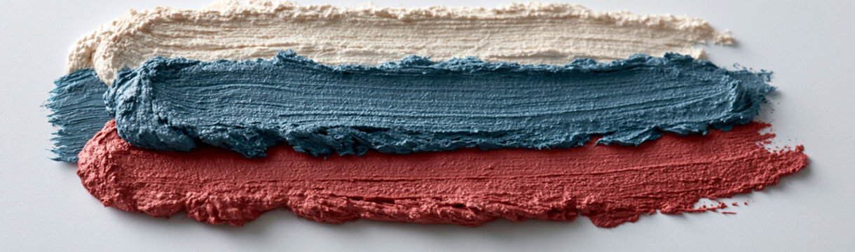 Three Abstract Swathes of Color: Three distinct swathes of textured material &ndash; creamy beige, deep teal, and earthy terracotta &ndash; are artfully arranged, creating a visual harmony of color and texture.