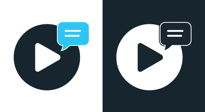 Play button with speech bubble icon: Glyph and solid icon set - Icon vector - logo icons. Blue, Black and white icons