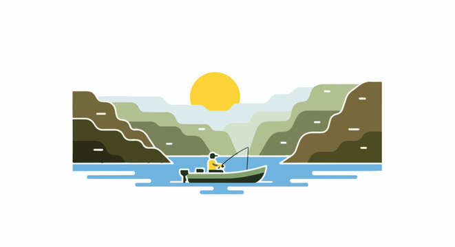 Lone angler fishes on tranquil lake with sun setting behind hills