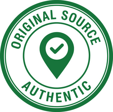 Original source authentic stamp emblem with location pin and check mark icon vector.