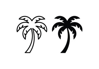 Obraz premium Palm tree silhouette and outline tropical icons with tropical