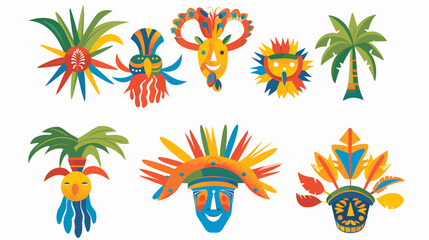 Colorful Collection of Traditional Masks and Tropical Elements in Vibrant Artistic Design © AI PIC