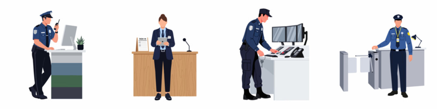 Set of security guards and receptionists working in various surveillance and access control scenarios in an office or industrial setting, flat vector illustration.