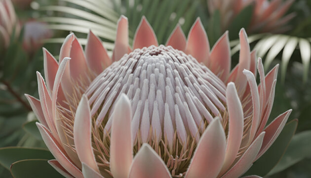 King Protea flower center macro with fuzzy velvety botanical spikes