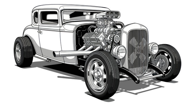 Vintage Hot Rod Car Drawing - Classic American Muscle Vehicle