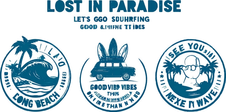 Surf's Up: Tropical beach scenes and cool surf vibes captured in a set of three retro-style graphic emblems, perfect for summer adventures and coastal living.