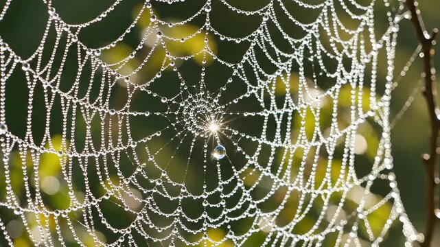 Macro shot of a dewcovered spider web glistening in the morning sun.