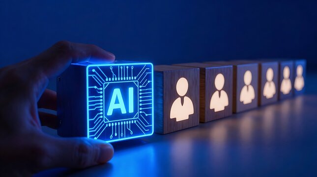 Human hand places illuminated AI cube amongst glowing human silhouette blocks, representing technology integration and future workforce evolution.
