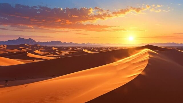Beautiful desert landscape with sand dunes under a vibrant sunset sky