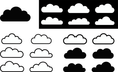 Fototapeta premium Cloud icon set with outline and solid sky shapes minimal black vector collection for weather app and design