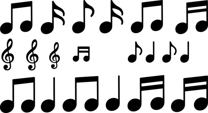 Collection of musical notation symbols including treble clefs, quarter notes, eighth notes, and beamed pairs for sheet music design resources
